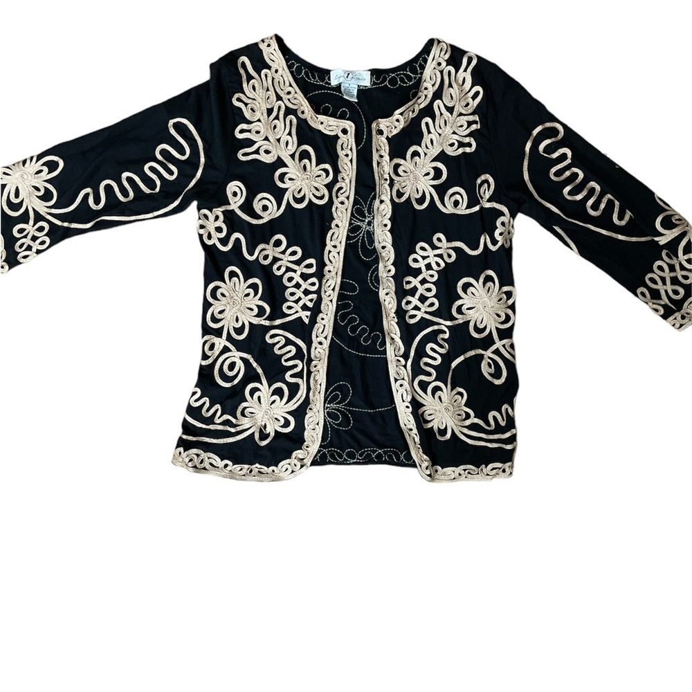 Ladies once 1 again black tan embroidered kimono jacket s EUC
